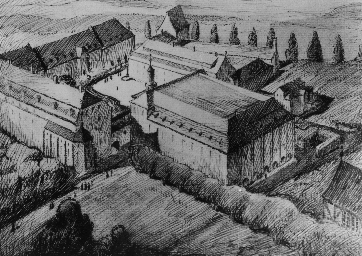 Utkast til bygninger på Norsk Folkemuseum, sett fra Gamlebyen, av arkitektene Bjercke og Eliassen. Vinnere av arkitekturkonkurransen  i 1919.