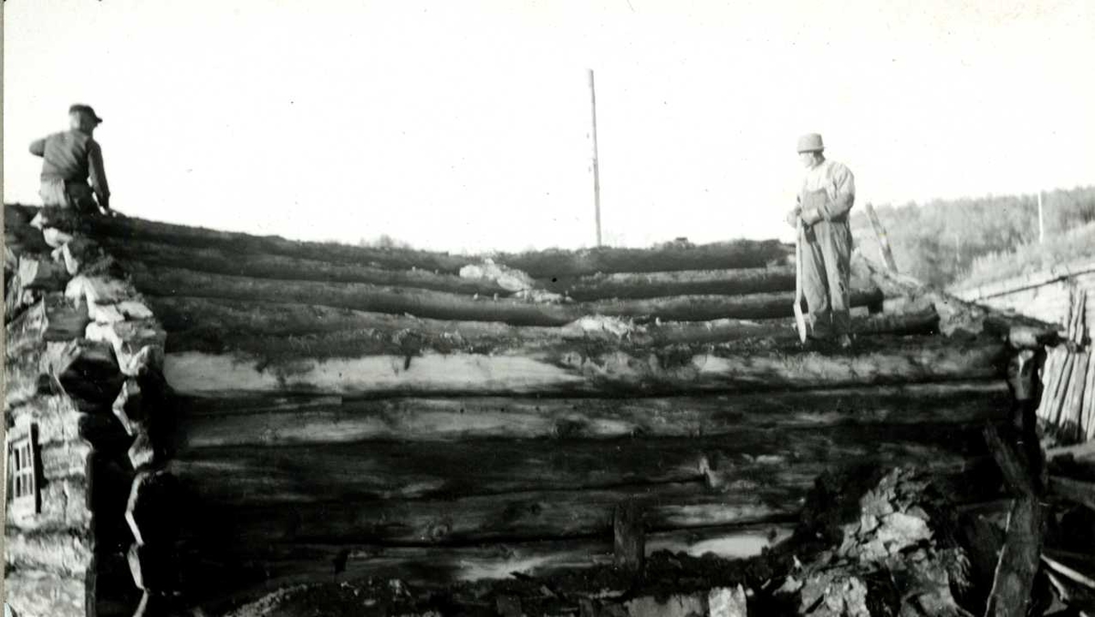 Engan, Os, Nord Østerdal, Hedmark 1941. Fjøs i tømmer med torv på taket. Nå på Norsk Folkemuseum.