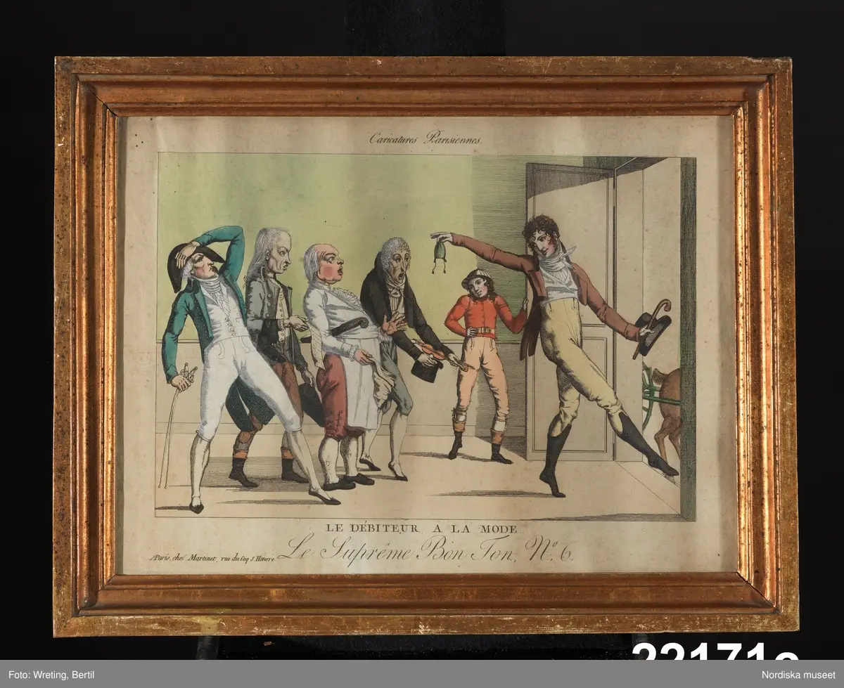 Huvudliggaren:
"Taflor. Broderade. a. Les Graces Villageoises b. Les Graces Poissardes c. Le Debiteur a la mode d. Les Joueures a la mode e. Les Suppléans. G. af enkefru K. Grapengiesser 8/10 1878."