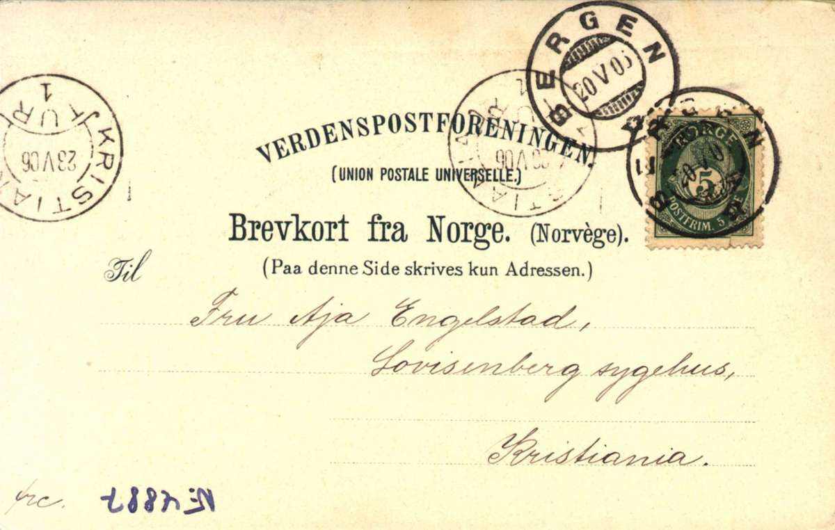 Postkort. En bro går over et vann, Bergen. Stemplet 20.05.1906