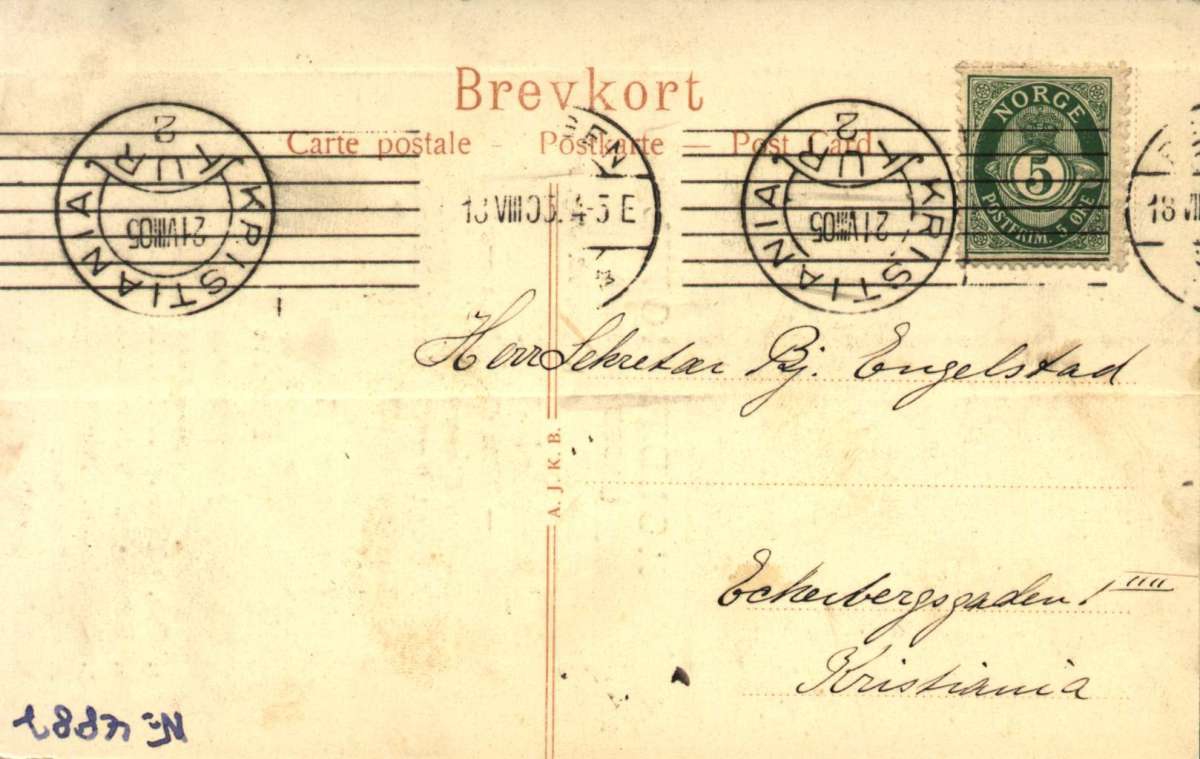 Postkort. Holdts Hotel, Jacob Skogen, Bergen. Meny og musikkprogram, dato 5. aug. 1905, på postkortet. Stemplet 21.08.1905.