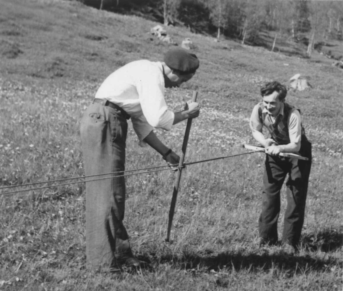 Tautvinning (4). En mann med stokk går fra den som veiver tauet, mot snellen, og passer på at tauet ikke kaster seg. Njosken 1952.