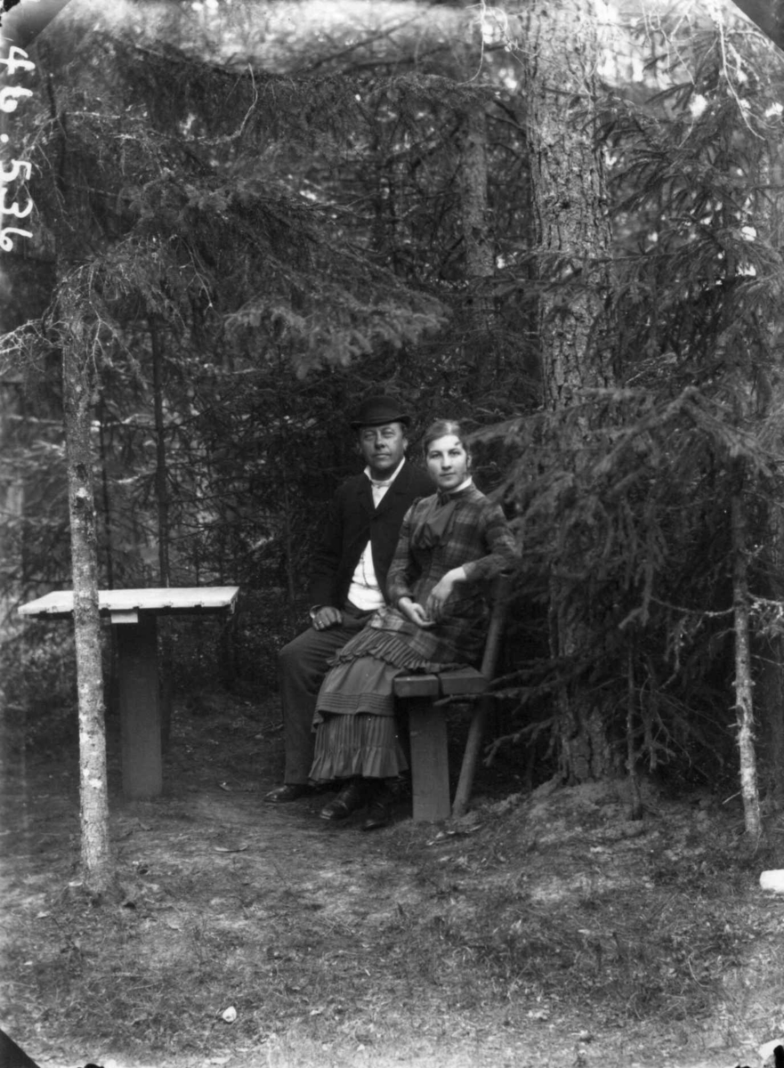 Dobbeltportrett, lensmann Hansen, Ullensaker og kone poserer på hagebenk.
Fra portrettserie av personer som bodde på eller besøkte Dal gård, Ullensaker, fotografert av gårdens eier, kammerherre Fredrik Emil Faye (1844-1903) i årene 1875-1900.