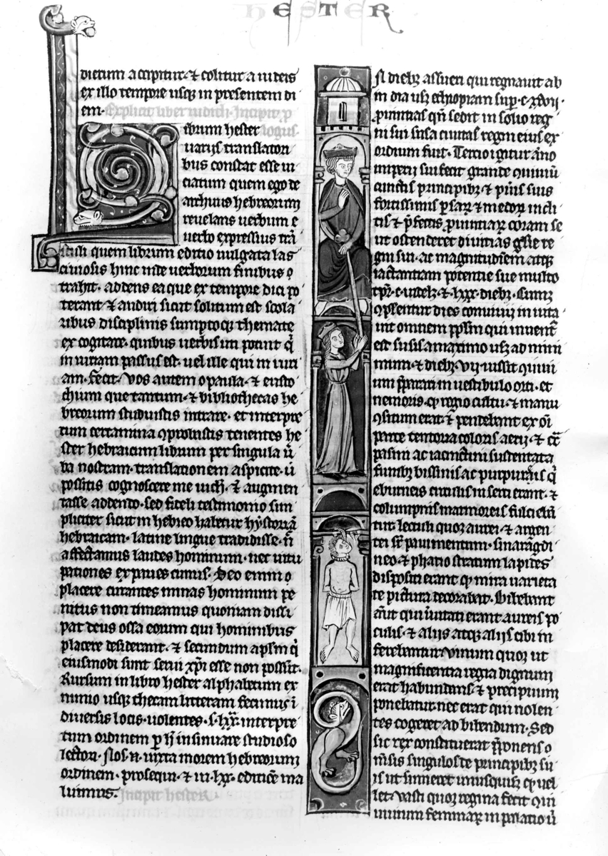 En side med skrift og illustrasjoner, fra en bibel,