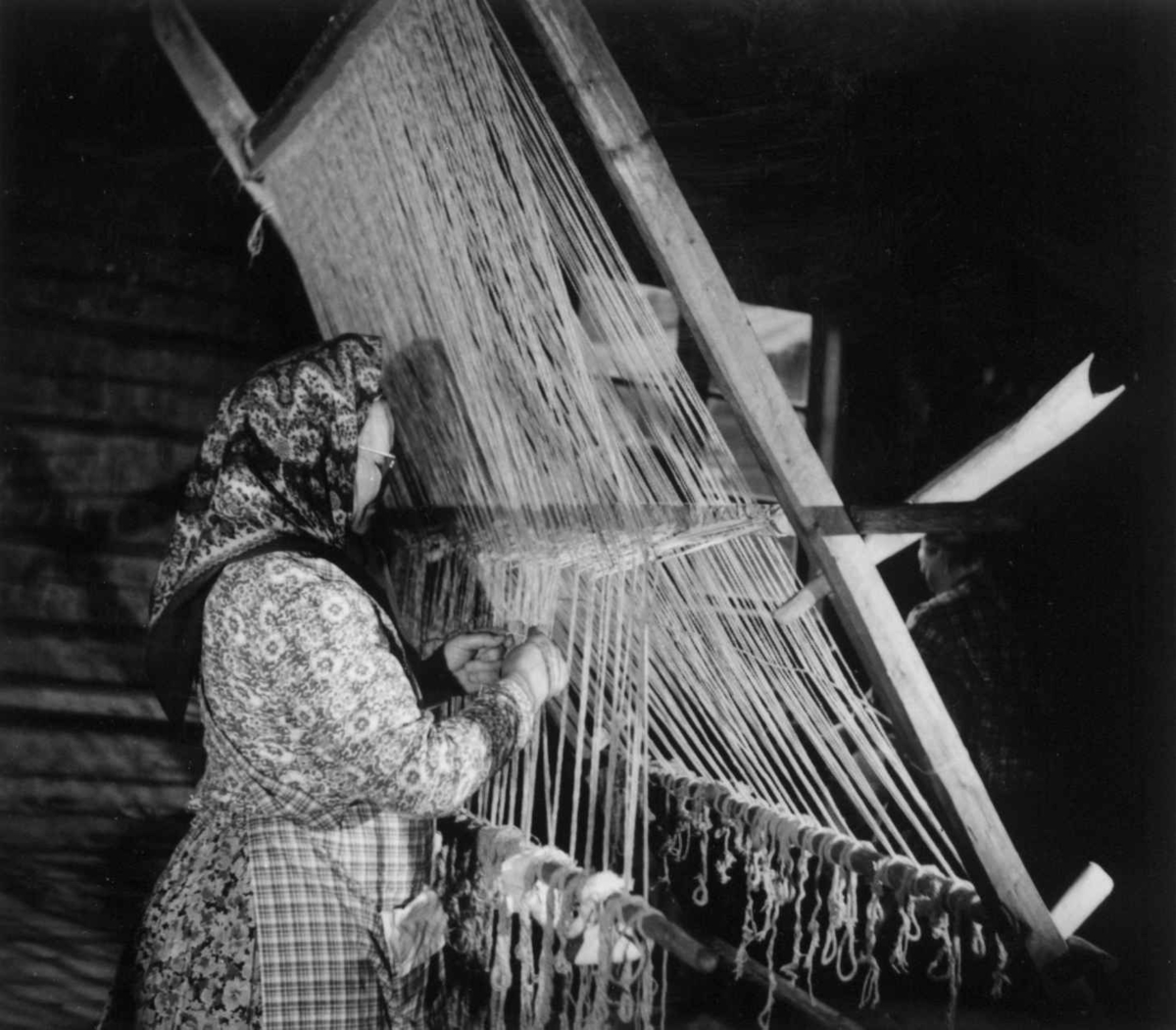 Greneveving (31). Skoltesamen Naska Moshnikov setter fitjetråd i renningen til greneteppet. Seurasaari 1955.