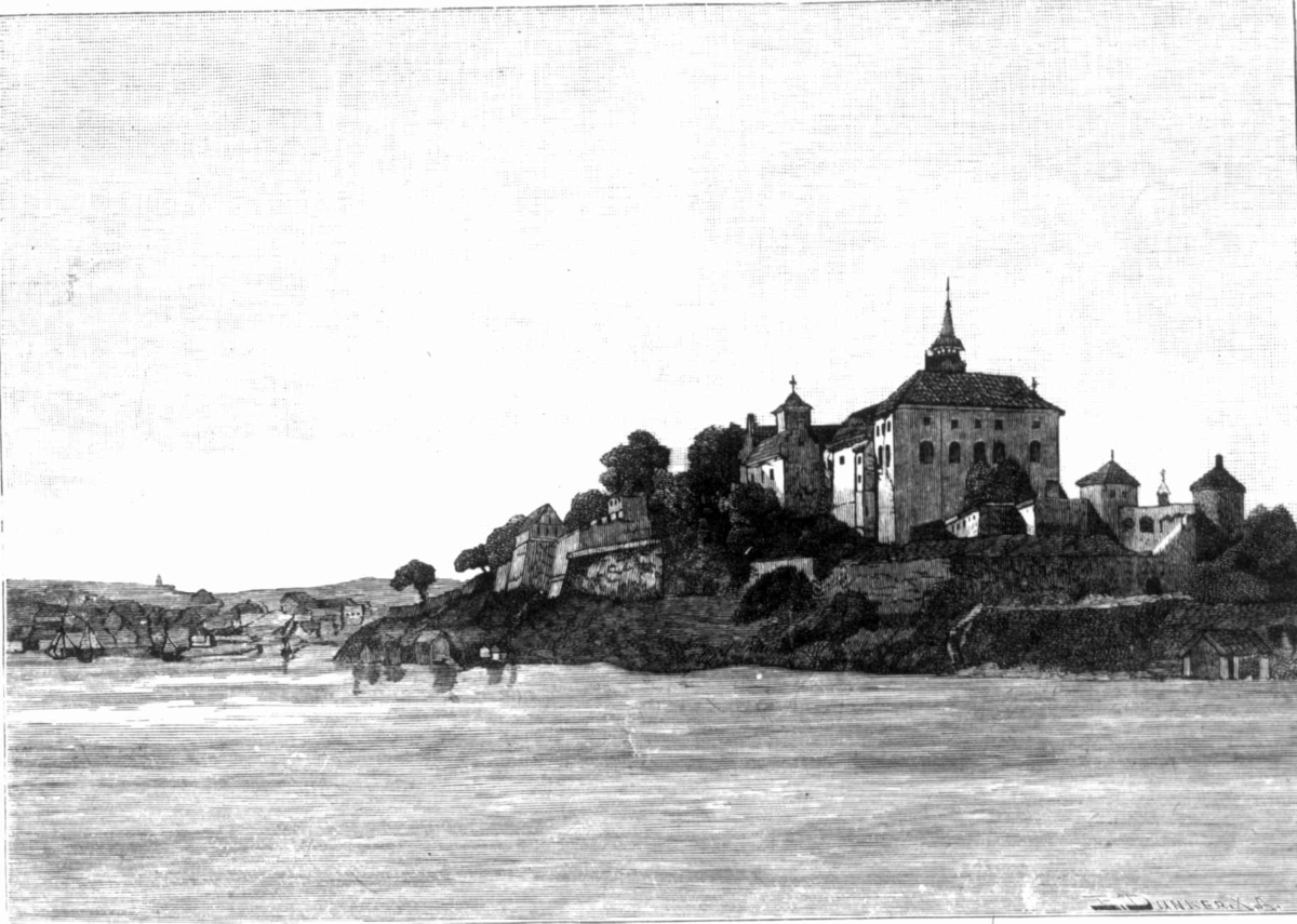 Akershus slott og festning, Oslo ca. 1890. Sett fra sjøen. Xylografi skåret på Emil M. Dunkers Atelier i Akersgata 43 av Alf Lundeby.