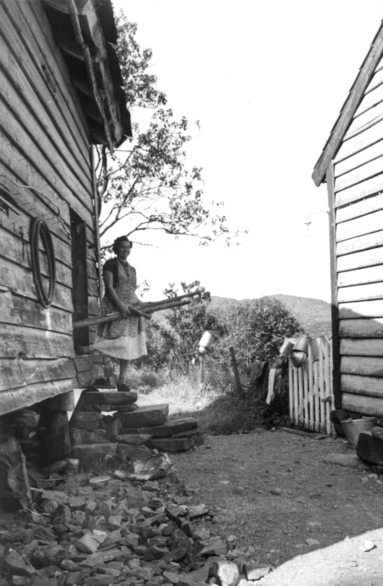 Veving på oppstadgogn. Vevstolen bæres inn. Liarbø, Fitjar, Hordaland 1956.