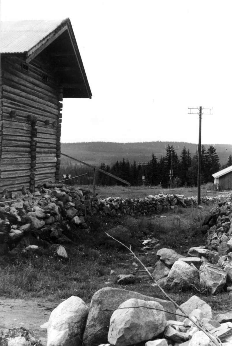 Tørberget, (Gleditsch), Trysil, Hedmark 1950. Bygning og steingjerde.