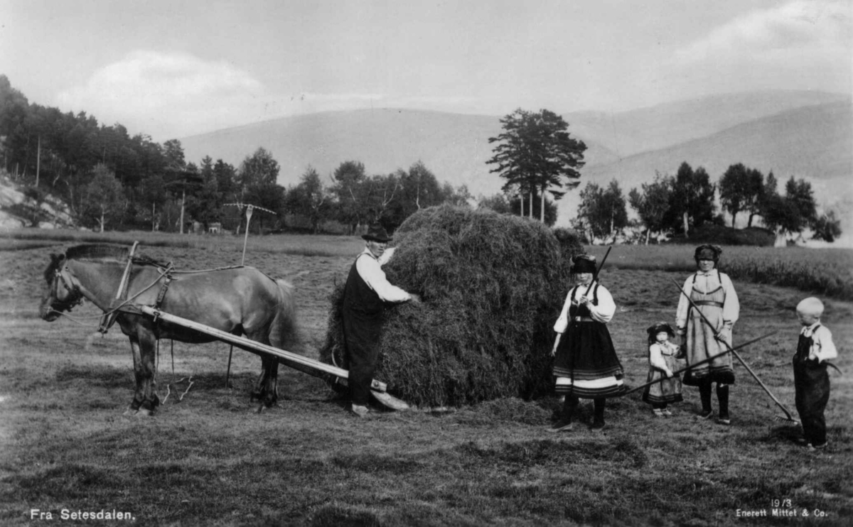 Menn og kvinner i folkedrakt i arbeid med slåtten på Nordre Nese i Bygland i 1888. Hest som drar høylasset. Har vært brukt til postkort av Mittet.