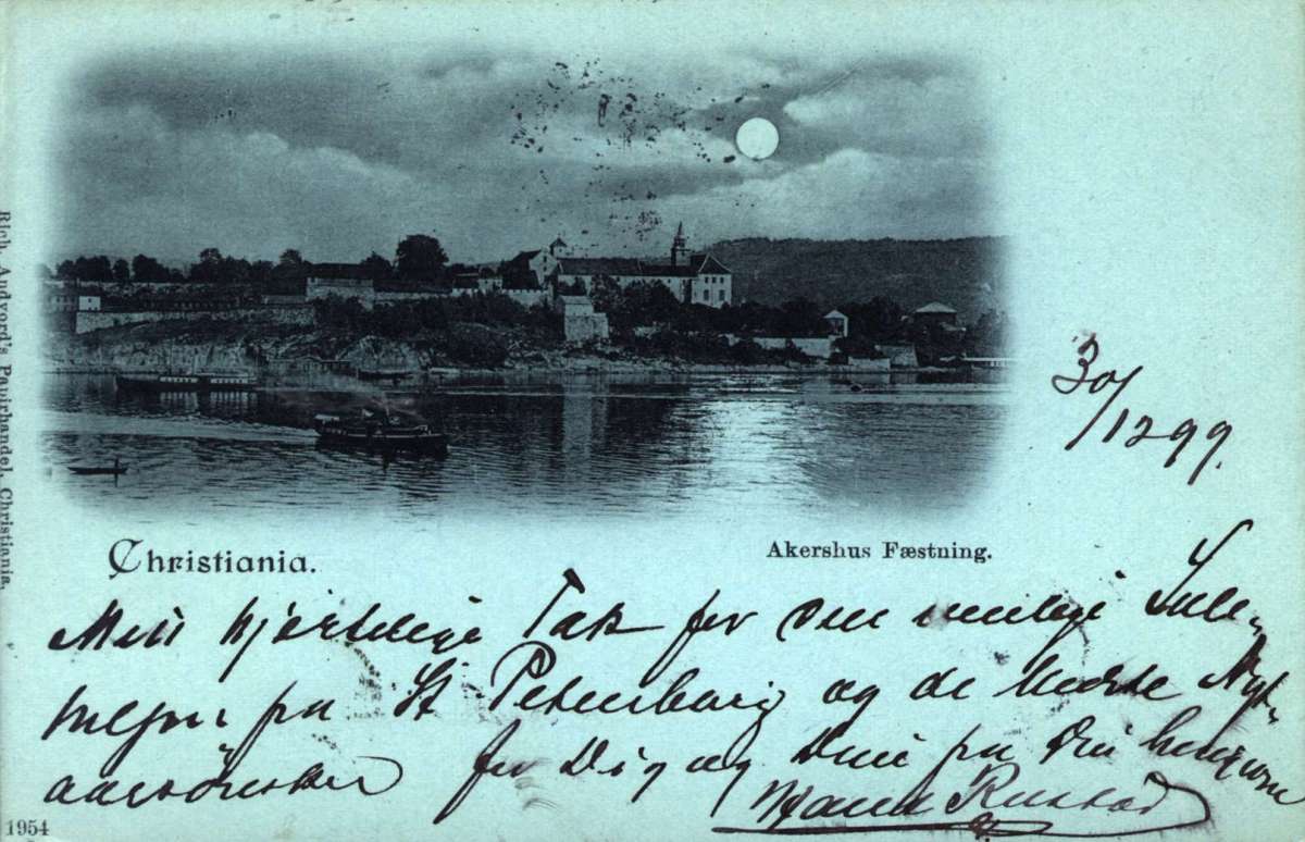 Postkort. Akershus festning sett fra fjorden. Datert 30.12.1899.