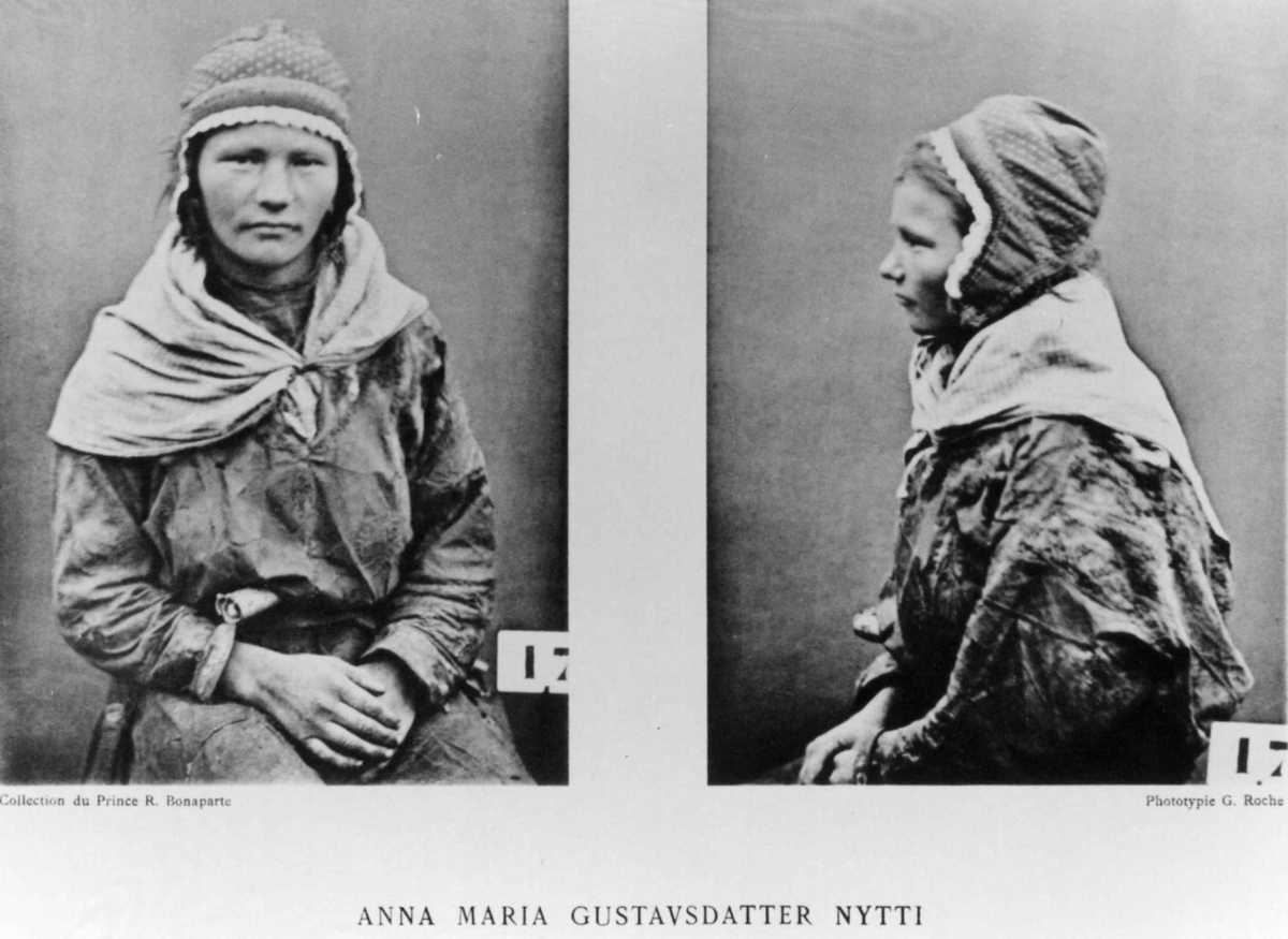 Roland Bonaparte sin samling. 
Portrett av Anna Marie Persdotter Nutti. Inngår i Bonapartes sameportretter som nr. 17.
Bonaparte