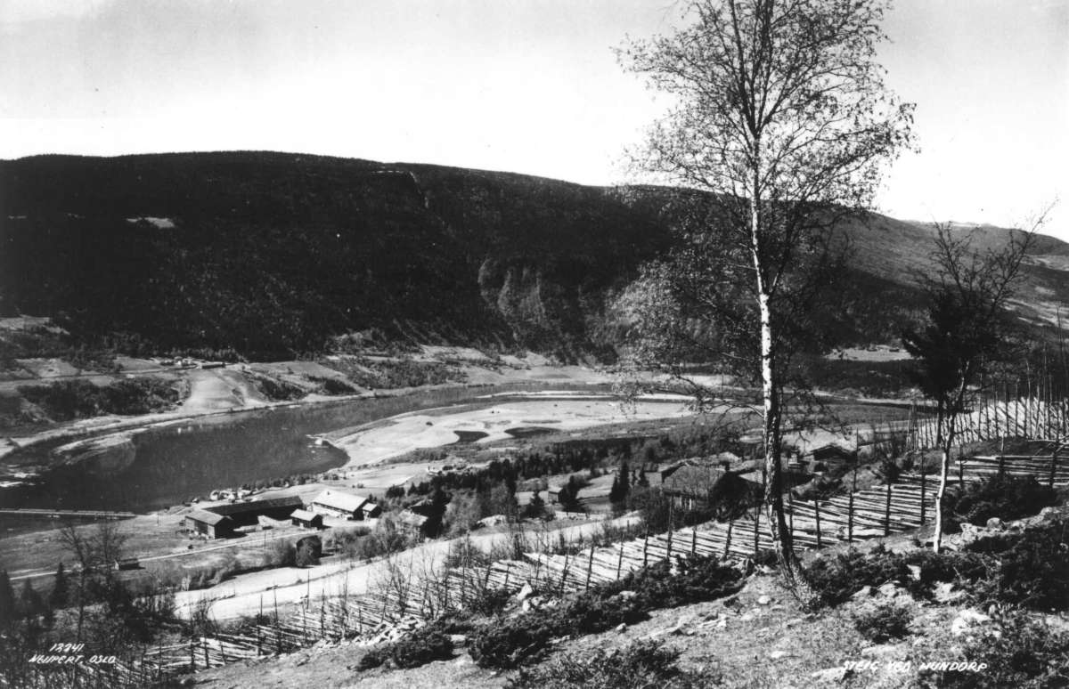 Steig, Hundorp. Oversiktsbilde over bygda med gårdsanlegg, vann, skog, åser og fjell.