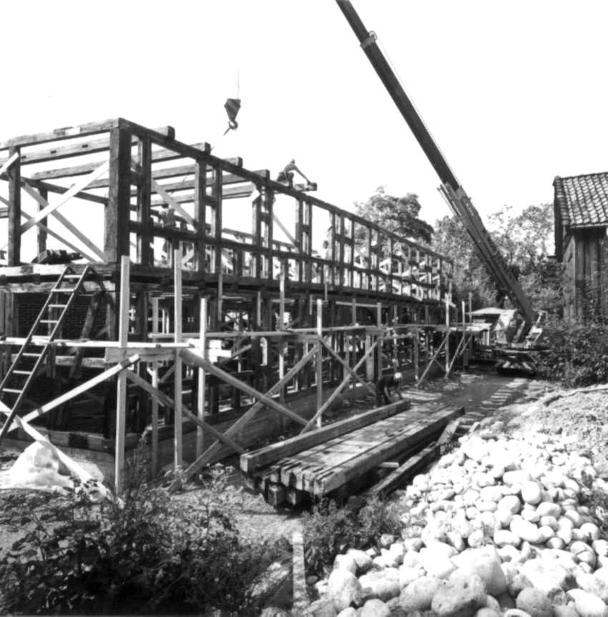 På friluftsmuseet, Gamlebyen. Opplegging av sviller og bjelkelag til hus fra Rødfyllgata 12. Sommeren 1979.