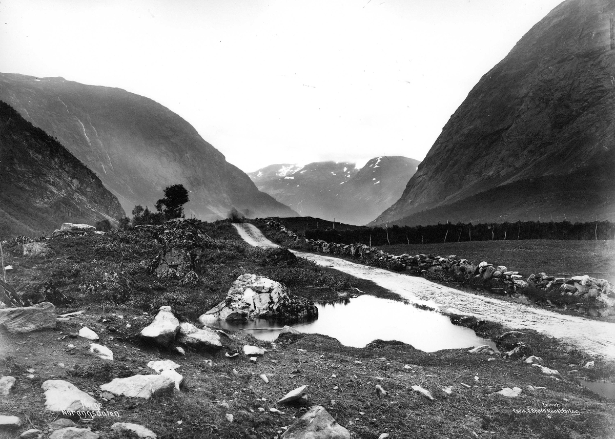 Landskap, parti fra Norangsdalen med vei med steingjerde på den ene siden. Hesjer med høy bak gjerdet. Del av Den Norske Turistforenings samling landskapsbilder, de fleste tatt av fotografene Brødrene Brunskow.