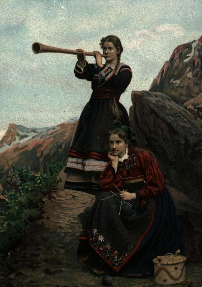 Postkort. Julehilsen. Sommermotiv. To kvinner på en fjelltopp.  Den ene blåser i lur. Den andre sitter med et strikketøy. Begge er kledd i folkedrakter. Datert 24.12.1894.