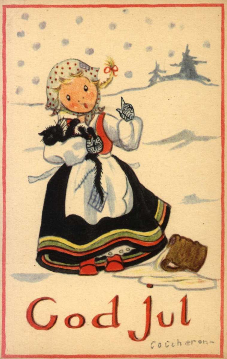 Julekort. Ubrukt. Vintermotiv. Landskap. Pike i  en slags
bunad med katt på armen. Motivet er tegnet av Anna Eline Coucheron.