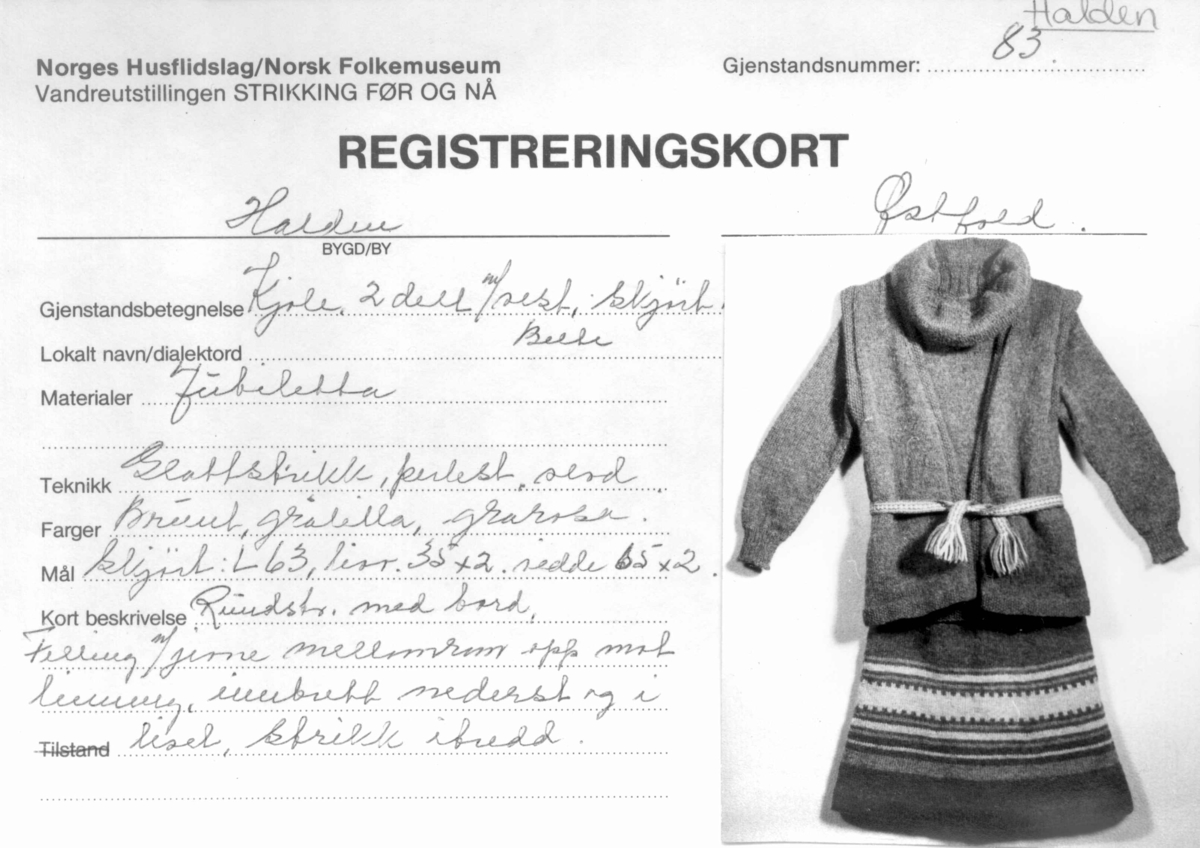 Kjole, 2 delt m/vest, Skjort. Belte. Strikka.