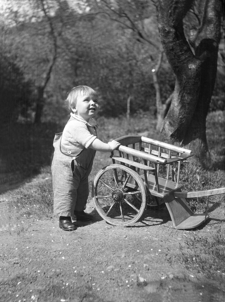 Bjørn Klingenberg holder seg i en dragkjerre i en hage, Knarberg, Nøtterøy.