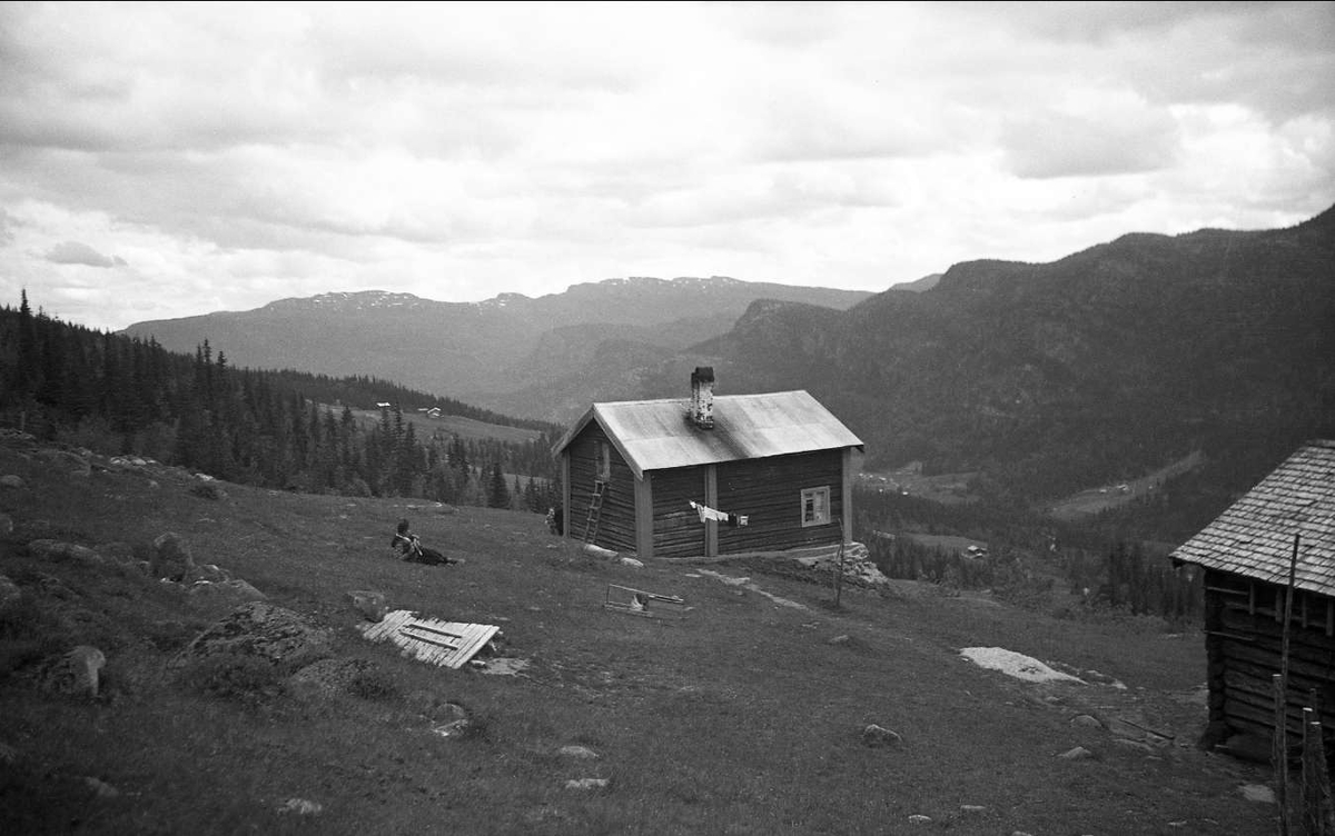 Fra gården Ligardshaugen 1939. Her sees tunet med bolighuset. I bakgrunnen gårdsanlegg, skog og åser.