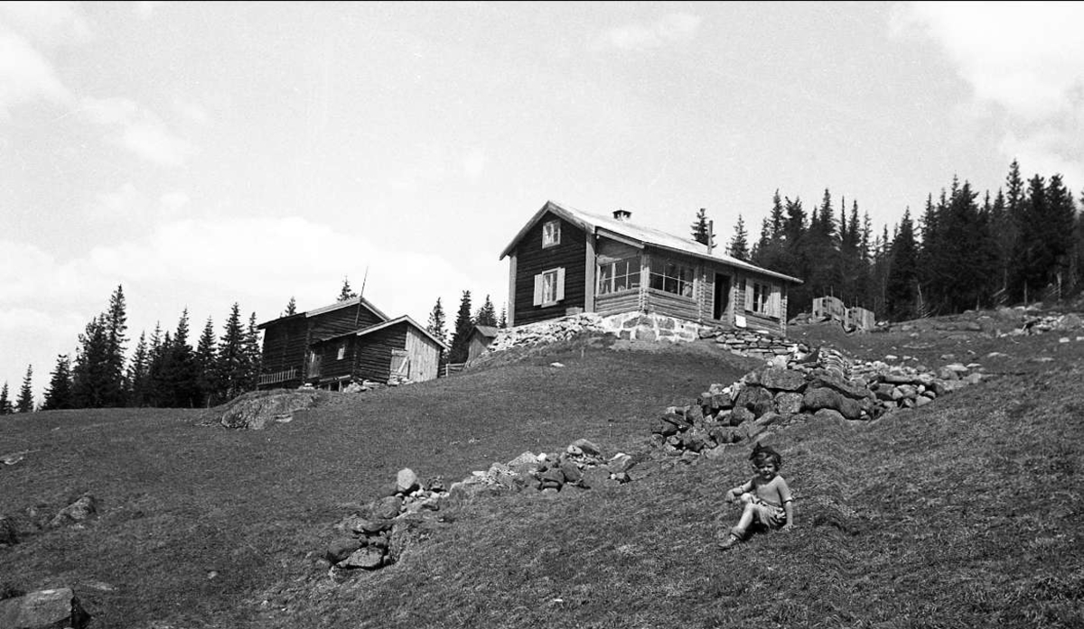 Hovedbygningen på Ligardshaugen etter ombygning i 1940.
Kari sitter på jordet.