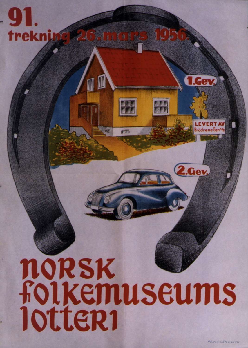 Plakat. Lotteri på Norsk Folkemuseum i 1956.