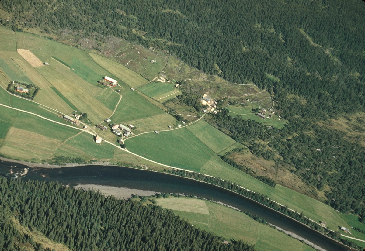 Flyfoto. Oversiktsbilde - Bebyggelse med dyrket mark ved elv. Tydal i Sør-Trøndelag.