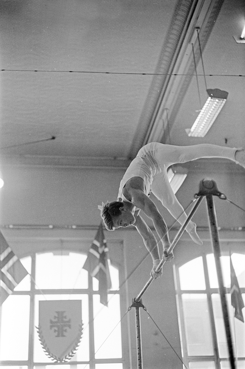 Serie. Turnstevne, menn i bøylehest og svingstang. Fotografert mars 1965.