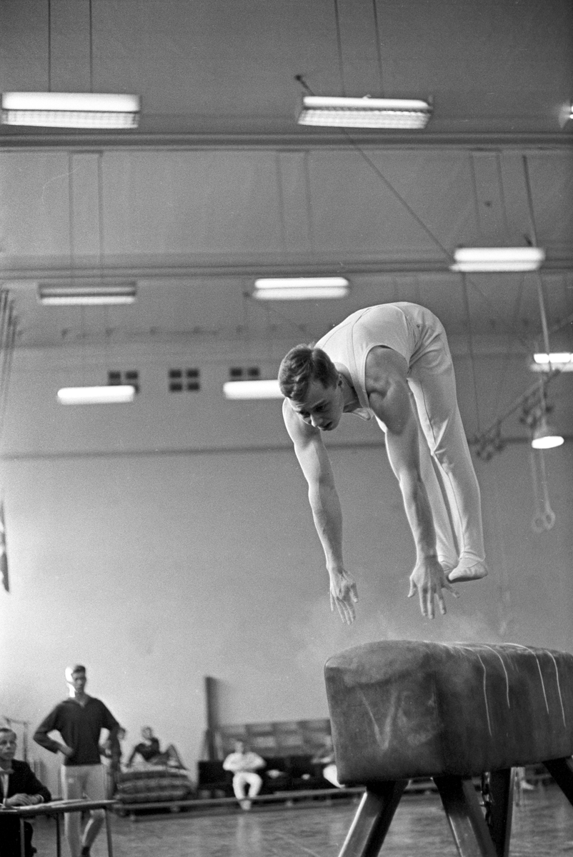 Serie. Turnstevne, menn i bøylehest og svingstang. Fotografert mars 1965.