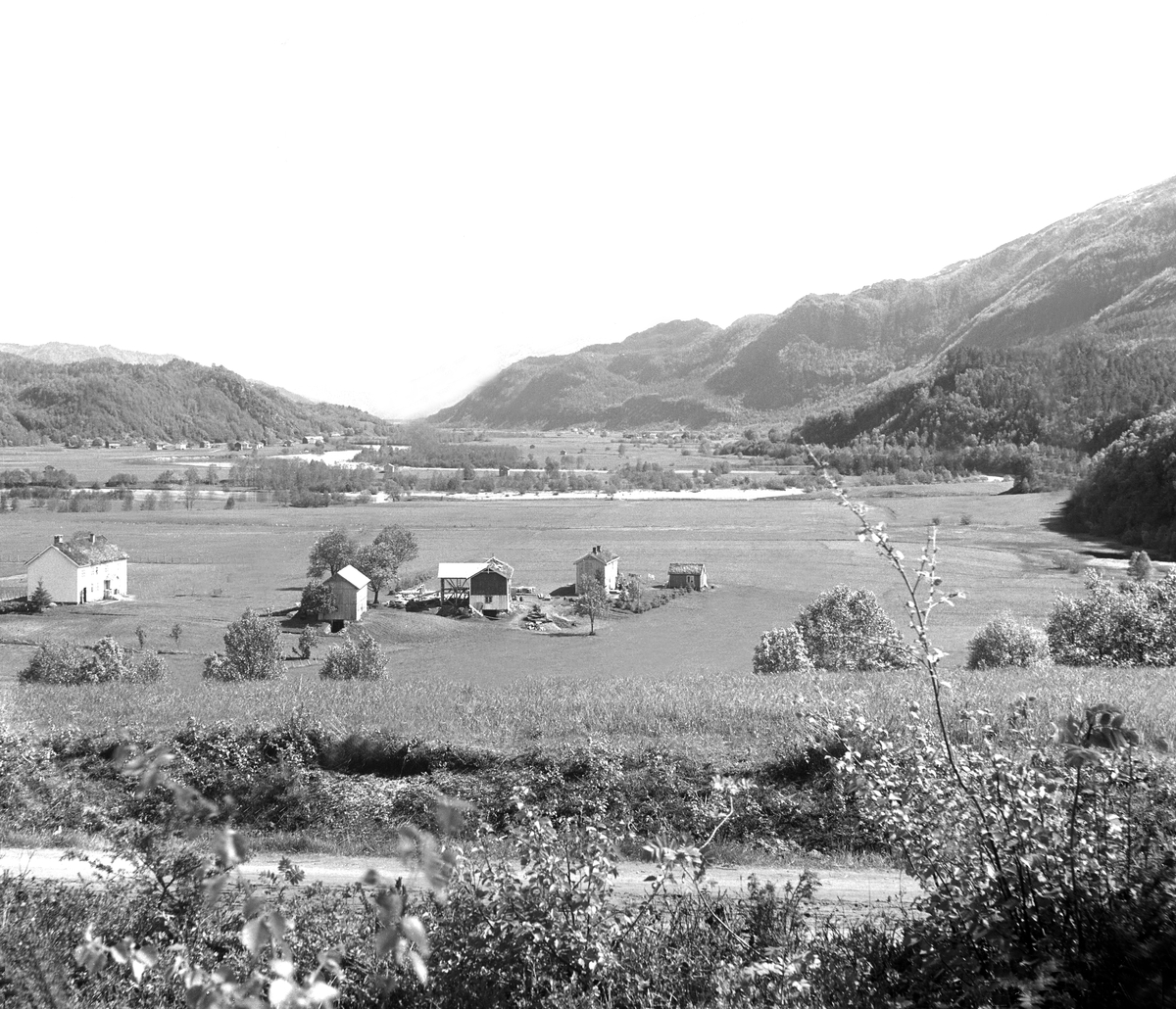 Utsikt oppover Surendalen (Surnadal?) med gårdstun i forgrunnen. Fotografert sommeren 1921.