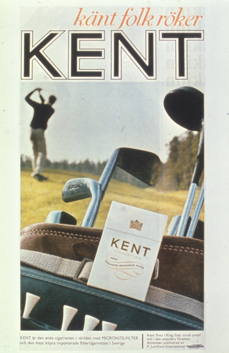 Avfotografert reklameplakat for Kent sigaretter. Svensk presentasjon av Ascot sigarettetui; "Prosjekt annorlunda".