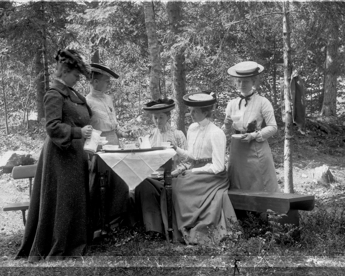 Gruppeportrett, kvinner rundt et dekket bord i skogen. Sophies Minde.