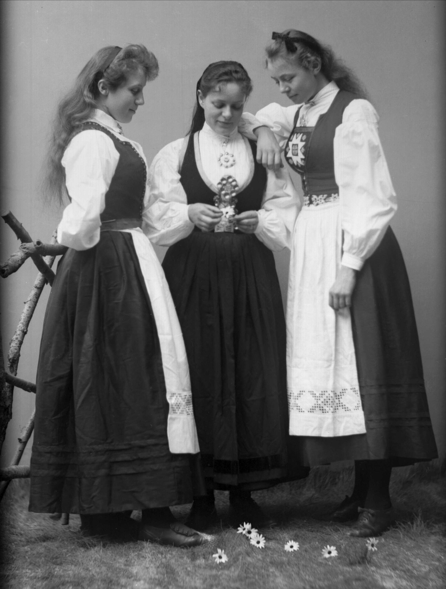 Gruppeportrett, tre unge jenter i bunad.