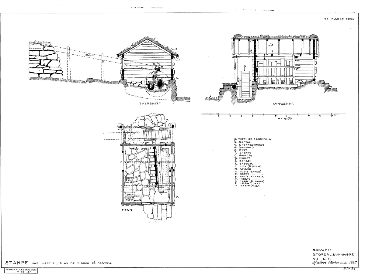STAMPE FRA JØSSVOLL I STORDAL, CA. 1850-1900 
Overført til museet 1934, gjenoppført 1936 
Huset er opprinnelig et gammelt bolighus, en røykovnstue. På sperrene i taket er det merke etter ljoren, og i hjørnet ved siden av døra har røykovnen stått. Huset ble bygd om til stampe av Mons Jøsvoll i siste halvdel av 1800- årene, og ble brukt som det fram til 1910. Både faren og bestefaren til Mons Jøsvoll drev med stamping. 

(Tekst hentet fra By og bygd 43, 2010) 
