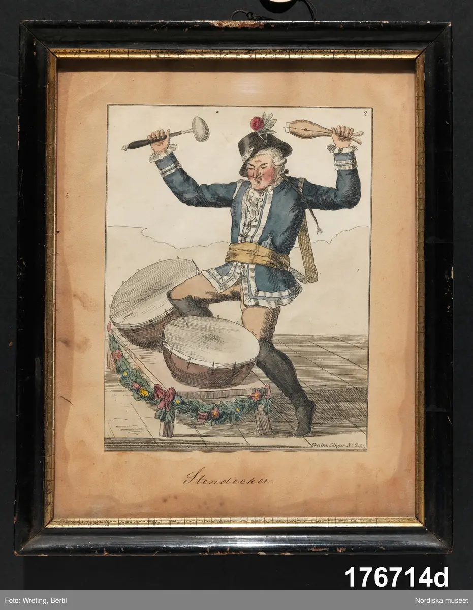 Huvudliggaren:
"Färgtryck. 25 st. Uppklistrade på gulnat papper inom glas och ram. Föreställa huvudpersonerna i Bellmans epistlar. Sända fr. 'Tre remmare' 1886 21/7."