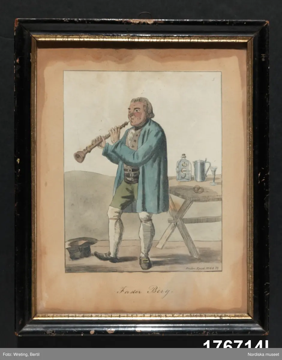 Huvudliggaren:
"Färgtryck. 25 st. Uppklistrade på gulnat papper inom glas och ram. Föreställa huvudpersonerna i Bellmans epistlar. Sända fr. 'Tre remmare' 1886 21/7."