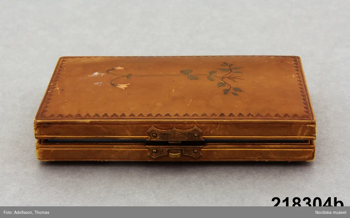 Huvudliggaren:
"a-b Förstoringsglas, runt, ram av horn, handtag av horn; i yngre etui; ljusbrunt skinn med Linnea, fällock; sign. 'F Beck & son Stockholm'; med guldtryck i locket: 'Carl v. Linnés förstoringsglas skänkt af hans dotter till Dr Claes Grill'. G[åva] 23/5 1939 av överstinnan Maria Grill, f. Reuterskiöld, Stockholm."