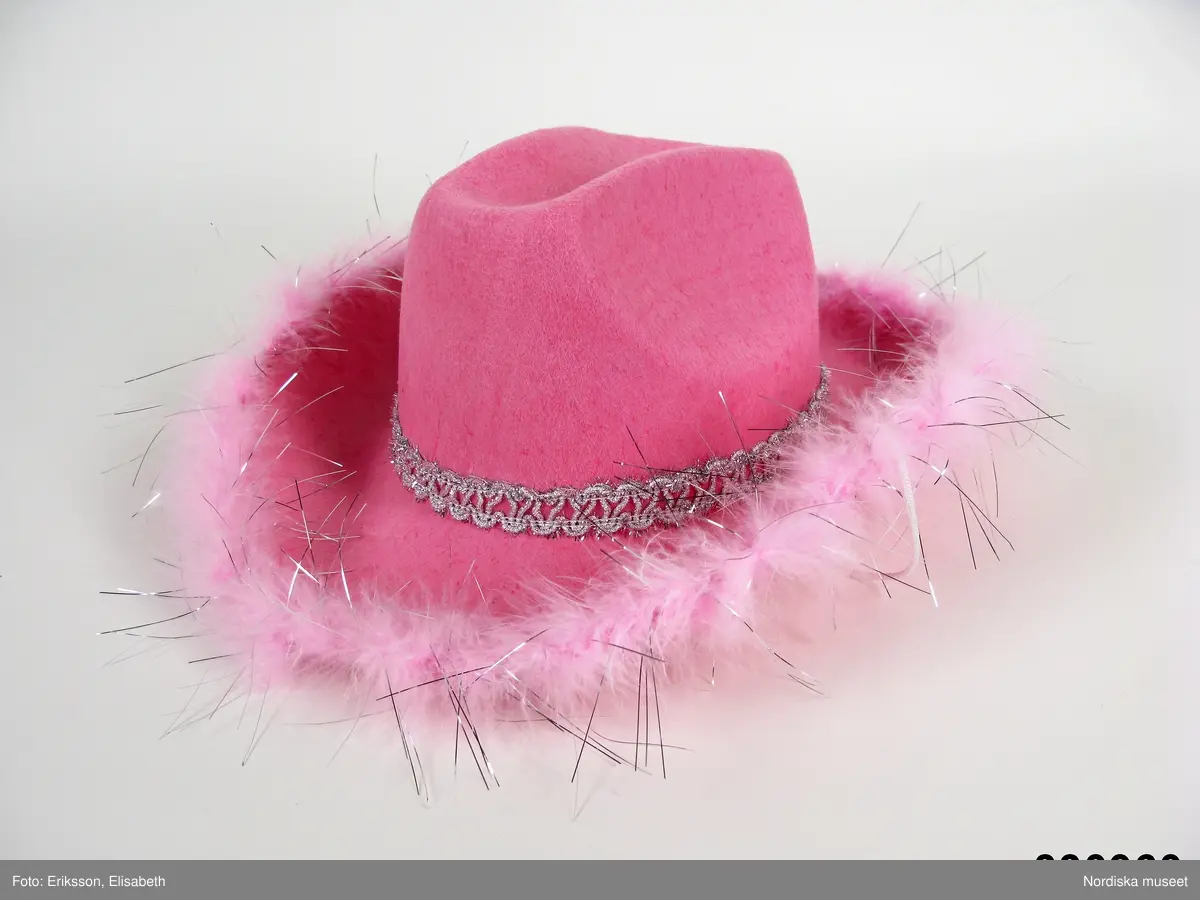 Cowboyhatt i rosa filt med fjädrar längs brättet och silverfärgad spets.
/Karin Dern