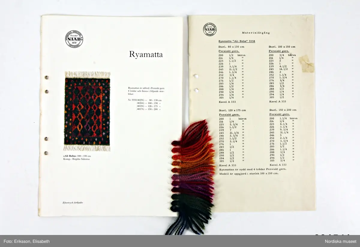 En samling med 42 tryckta mönsterblad i färg samt 15 st handkolorerade akvareller till knutna ryor.  Från företaget NIAB 0 Nordiska Industri AB i Göteborg. Bredvid bilden modellens namn och varubeteckning. På många även mönsterformgivarens namn.  I kanten på många av  mönsterbladen  iknutna ullgarnsprover på samtliga färger i mattan. Med mönstren  även  stencilerade förteckningar med garnnummer till de olika modellerna. 
Namn på formgivare och namnen på mönstren:
Ingegerd Hyltén-Cavallius, "Årstiderna", "Katedral", "Guldkusten", ”kontiki”, ”Lingonskogen”, 
Agneta Goes, "Atlanta", ”Umbria”, ”Solera”
Kerstin Adde. ”Kyrkfönster”, ”Hoppa hage”, ”Mexiko”
Barbro Hellberg, "Vårdagjämning", ”Ringblom”
Karin Nisses-Gagnér  (Karin Gagnèr-Holger), "Mareld", ”Vårblommor”
Greta Säfve, "Hjortnäs", ”Blå salongen”, ”Sunnanäng”
Kaarina Jakova-Ruponen, "Finnmark"
Greta Hammarquist, "Sylvia",” Lekvattnet”, ”Lavendel”
Kerstin Olson, ”Vinterorgle”
Gull-Britt Johansson, ”Elddans”
Berit Stålfelt-Blide, ”Pärlrand”, ”Örtagården”, ”Färglek”
-
Edna Lundskog, ”Kastilien”
Birgitta Salénius, ”Sarek”, ”Eldorado”, ”Capri”, ”peru”. ”Ali Baba”

Mönster utan angiven konstnär: Ringel-Rosen, Kontiki, Alaska, Slottsparken, Vårbukett
/Berit Eldvik 2010-03-15