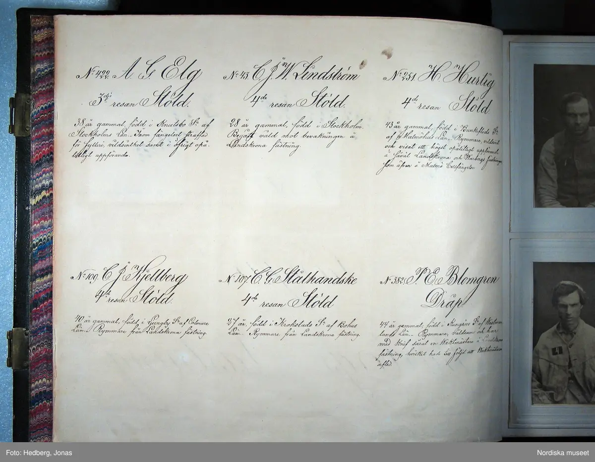 Ur "Photografiskt Album för år 1861 öfver fångar förvarade å Warbergs fästning". Fånge N:o 109 C.J. Kjellberg. Fjärde resan stöld. 40 år gammal, född i Ljungby sn., Kalmar län.  Rymmare från Landskrona fästning.