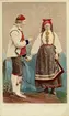 Dräktdockor med huvuden skulpterade av C A Söderman, visade på världsutställningen i Paris 1867. Man och kvinna i dräkter från Hetterdal, Telemarken, Norge.