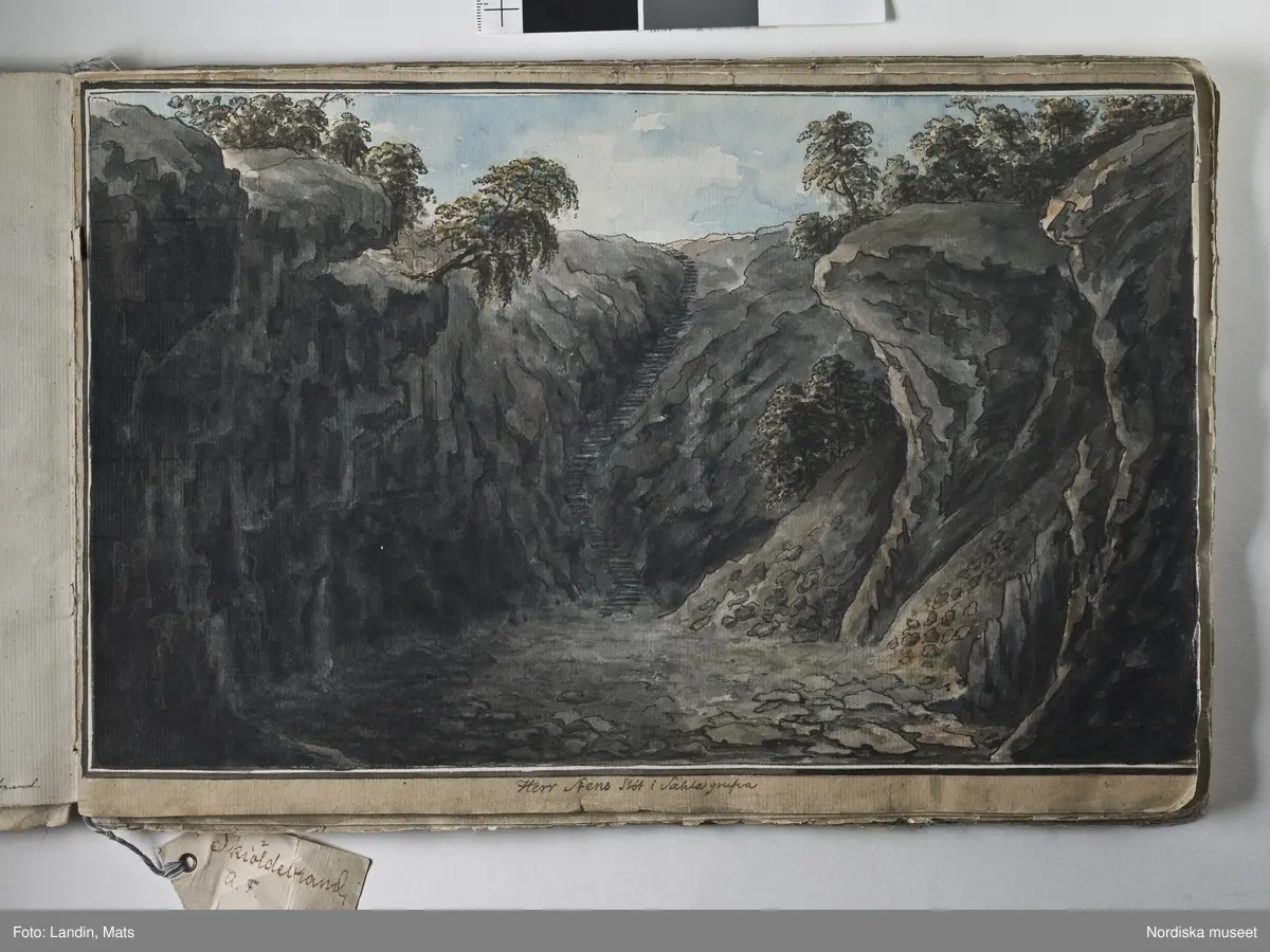 Album med titeln "Resan till Dalarna 1794". Akvareller utförda av greve Anders Fredrik Skjöldebrand (1757-1834) Falu koppargruva