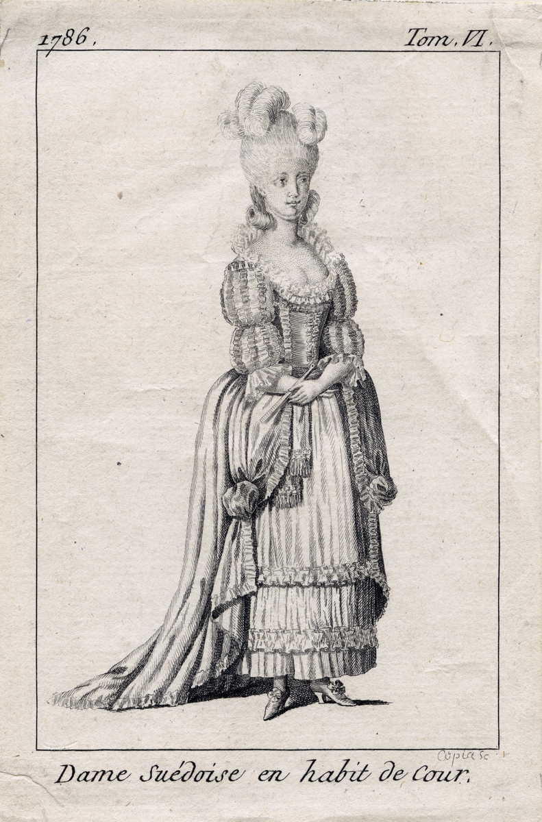 Gustaf III:s nationella dräkt/svenska dräkten. "Dame Suédoise en habit de Cour". Dam i hovdräkt. Gravyr av okänd konstnär, 1786.