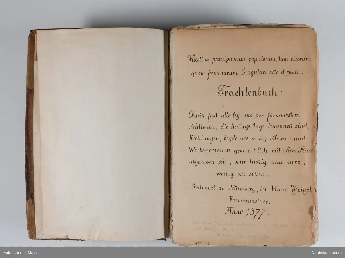 Bilder av och ur boken Trachtenbuch av Hans Weigel, tryckt 1577 i Nürnberg. Original i Nordiska museets bibliotek.

Habitvs Præcipvorvm Popvlorvm, Tam Virorvm Qvam fœminarum Singulari arte depicti.
Dräkt, dräktskick bilder från Europa, Afrika, Orienten och nya Amerika.