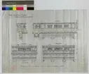 Ritning på väv över Nordiska museets huvudbyggnad. Träbalustrad andra galleriet. Elevation. Balustrad, 2:a galleriet. 39x 54cm. Tusch, gult och rött. Linjalritning. Osignerad.