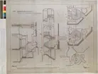 Ritning på väv över Nordiska museets huvudbyggnad. Ritning till stentrappan i Kafebyggnaden.Sektion, Plan. Kafébygnaden. 67x81 cm. Tusch, grått, blått och rött. Linjalritning. I Gust Clason 19 juli 1899. A V Fagerström.