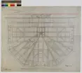 Ritning på väv över Nordiska museets huvudbyggnad. Kafeflygeln. Plan av Taklaget. Immrör. Rökrör. Plan. Kafébygnaden, tak. Tusch, rött, blyerts, gult, och blått. Linjalritning. I Gust Clason 31 Juli 1899. A V Fagerström.