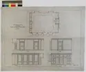 Ritning på väv över Nordiska museets huvudbyggnad. Kansliflygeln. Ritning till inredning av östra rummet 2 tr upp. Plan, Sektion, Fast inredning. Kansliet 2 tr, panel. 65x84 cm. Tusch, rött och gult. Linjalritning. I Gust Clason 27 Oktober 1900. C Bergsten och  A V Fagerström.