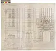 Ritning på väv över Nordiska museets huvudbyggnad. Ritning till mittenpartiets framfasad ( nedre del). Fasad. Stora porten, stora trappan. 101x116 cm. Tusch, rött, brunt, gult, grått och blått. Linjalritning, fri hand. Osignerad.