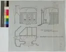 Ritning på väv över Nordiska museets huvudbyggnad. Klosettinred-
ning i kaféflygeln. Plan, sektion. Kaféflygeln, toalett. 38x42,5 cm. Tusch, rött, blått, gult och grått. Linjalritning. Osignerad.