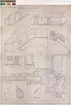 Ritning på väv över Nordiska museets huvudbyggnad. Mittparti. Vind.
Plan och sektioner av frampart, hiss och trapporna över hallen. Plan, sektion. Vind, vindstrappor och mittenparti. 132x93 cm. Tusch, rött, grått, grönt, gult och brunt. Linjalritning. I Gust Clason 20 februari 1904. P J K Petersson.